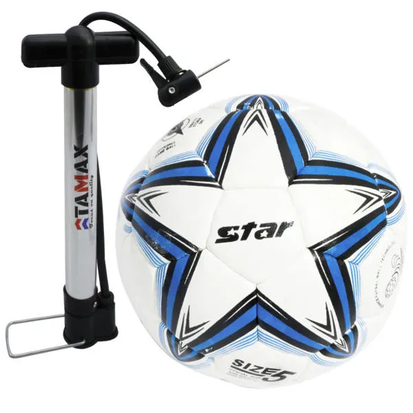 توپ فوتبال سفید آبی مدل استار همراه با تلمبه سایز 5