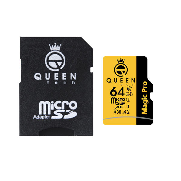  کارت حافظه Micro SD HC کوئین تک مدل A2-V30-633X کلاس 10 استاندارد سرعت UHS-l U3 سرعت 95MBps ظرفیت 64 گیگابایت به همراه آداپتور SD