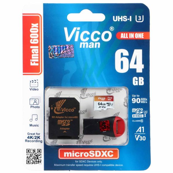 کارت حافظه microSDXC ویکو من مدل Final 600X کلاس 10 استاندارد UHS-I U3 سرعت 90MBps ظرفیت 64گیگابایت همراه با کارت خوان