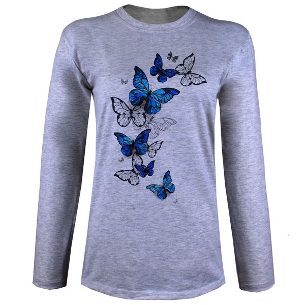 تی شرت آستین بلند زنانه مدل پروانه آبی W30