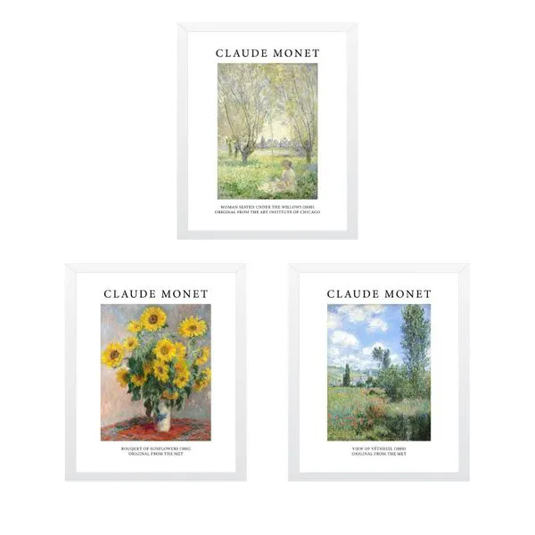 تابلو مدل مستر کلود مونه گل های نقاشی مونه مجموعه 3 عددی